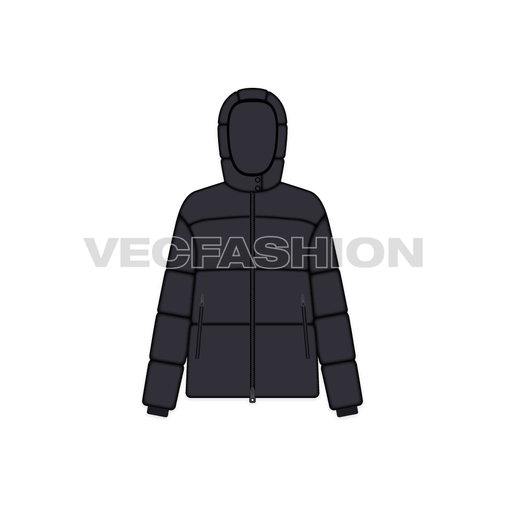 A vector template for Women's Puffer Jacket. It is rendered in black color with more shine and have a detachable hood. It is rendered with front, back and side view as well.