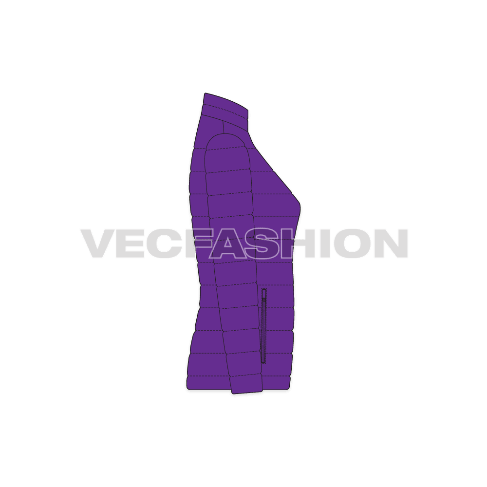 A vector template for Women's Puffer Jacket. It has insulation inside from goose down and feathers. It has pockets on sides and zipper on center front.