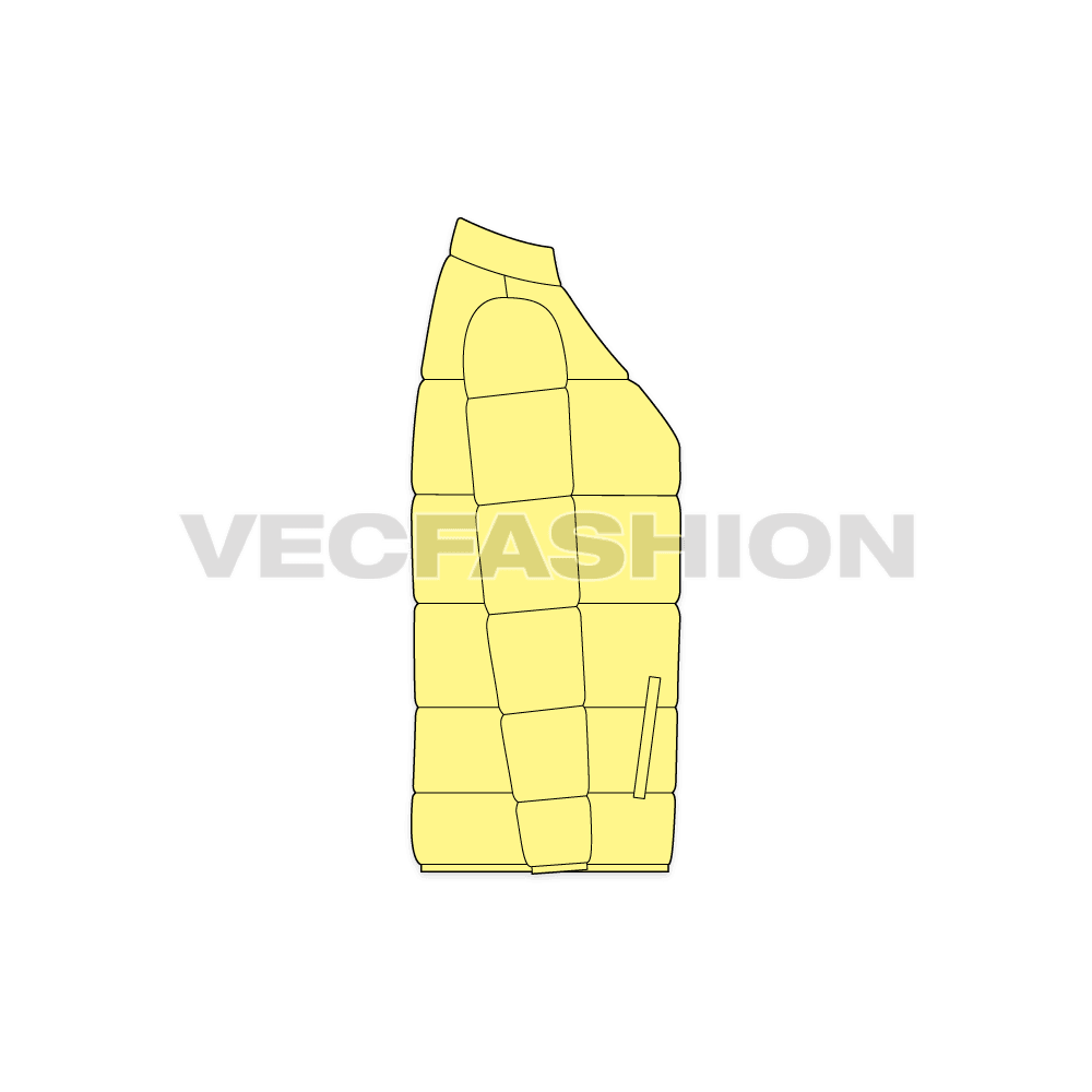 A vector illustrator template of Women's Puffer Mock Neck. It is showing a heavy quilting inside and front closure is a waterproof zipper with zipped pockets on sides.