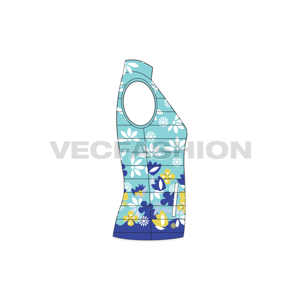 A vector template for Women's Puffer Vest. It is rendered with colored floral graphics with mock neck and this garment is made with quilting.