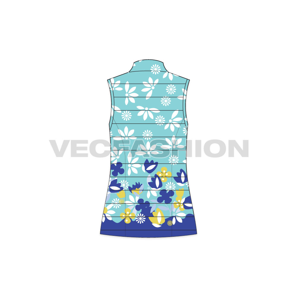 A vector template for Women's Puffer Vest. It is rendered with colored floral graphics with mock neck and this garment is made with quilting.