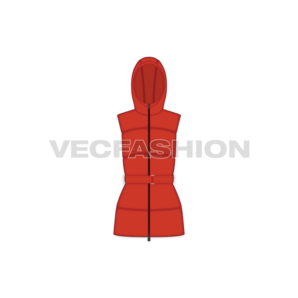 A vector template for Women's Puffer Vest. It has wide panels on front and back body with a hood and belt on waist.