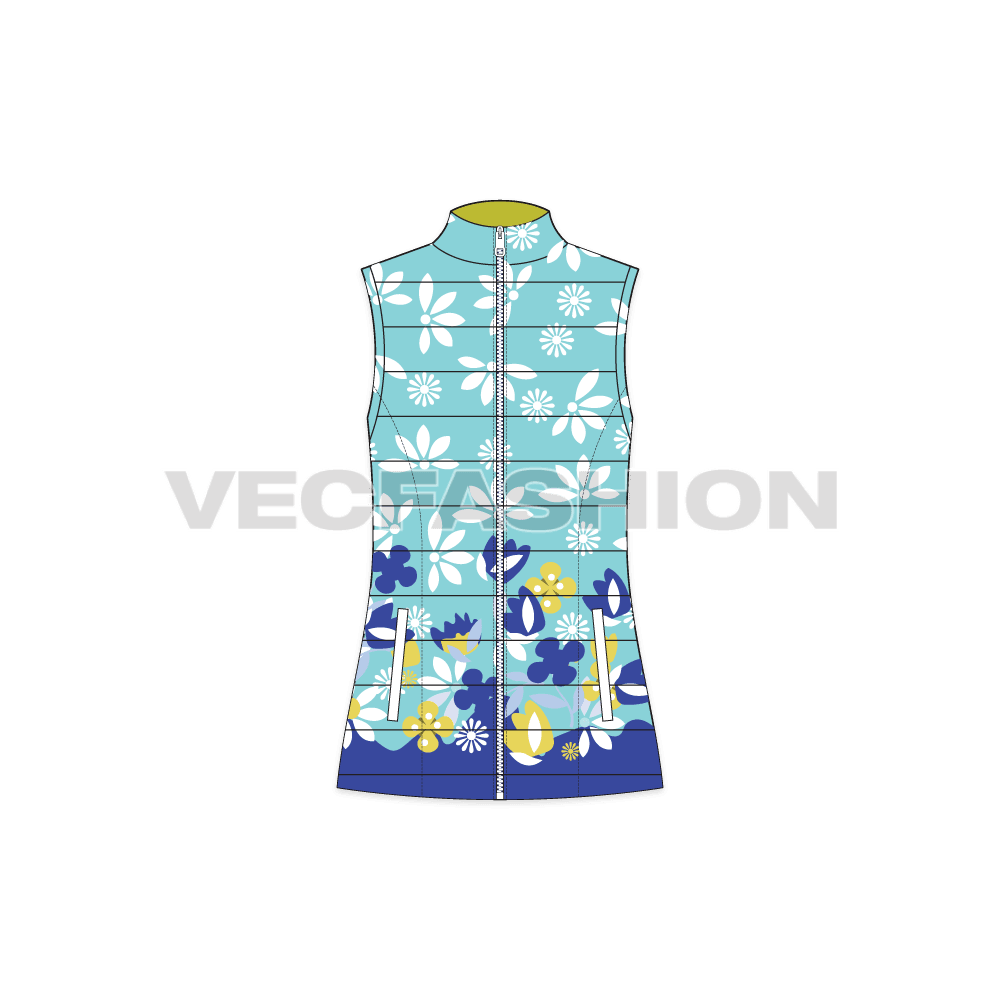 A vector template for Women's Puffer Vest. It is rendered with colored floral graphics with mock neck and this garment is made with quilting.