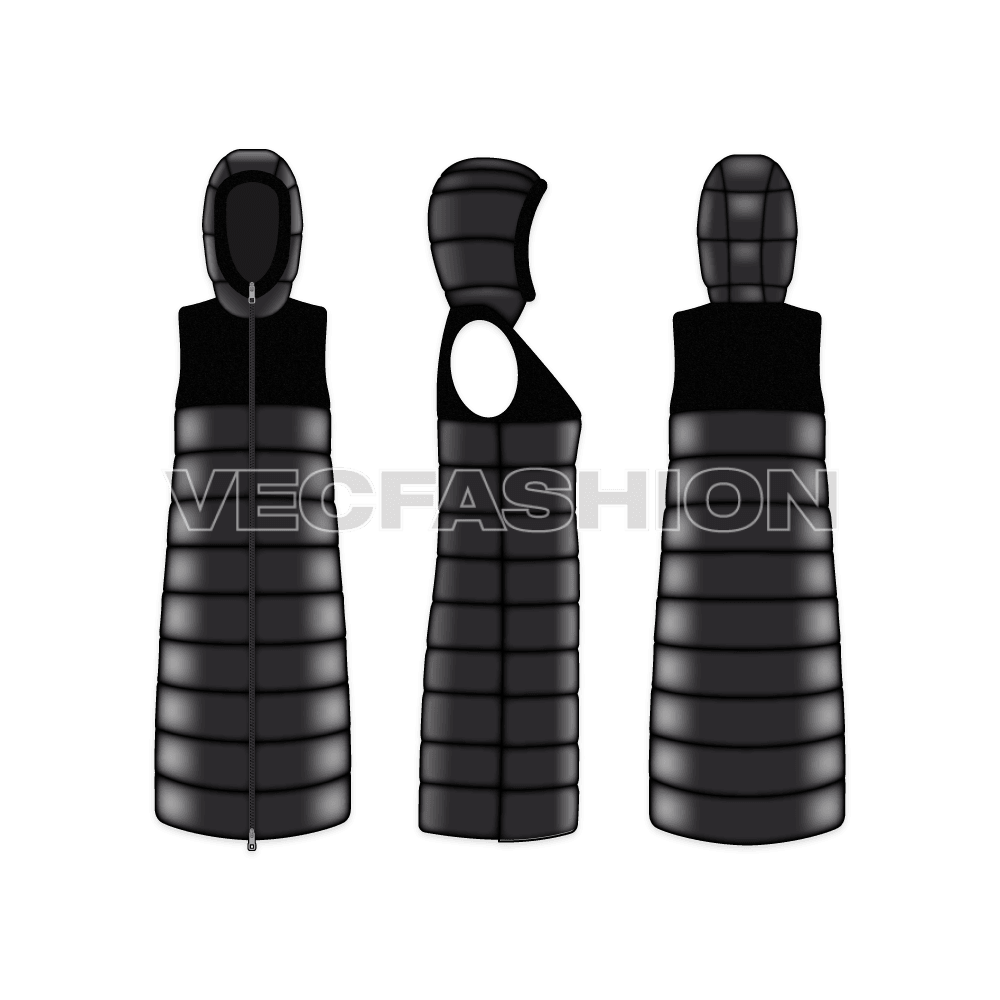 A vector template for Women's Puffer Vest Coat. It is a long coat with puffer panels all over it with attached hoodie. It is sleeves and have a flat front and back yoke but insulated.