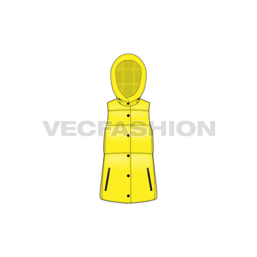 A vector template for Women's Puffer Vest Coat. It is rendered in yellow color and have illustrated in three views, front, back and side view.