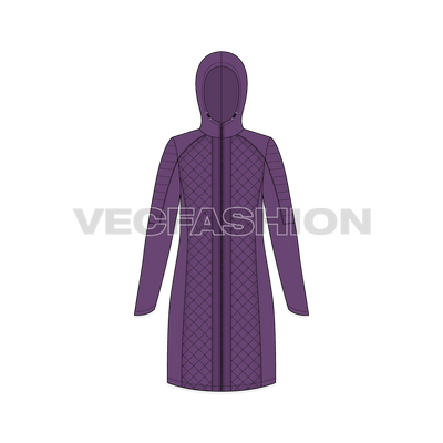 A vector template for Women's Quilted Climbing Jacket, it has details like quilted fabric, trims, drawstrings and stoppers, hood and front zipper is 2-way which can be open from top or bottom.