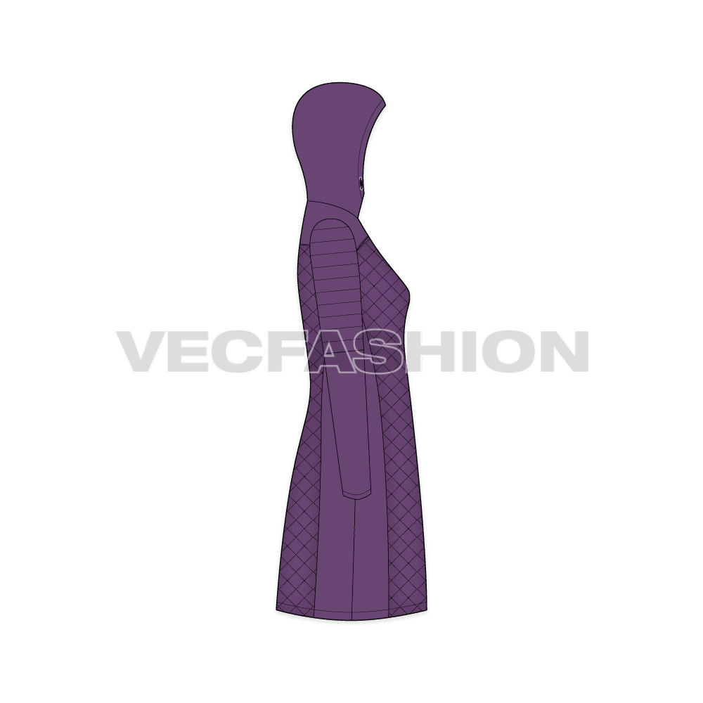 A vector template for Women's Quilted Climbing Jacket, it has details like quilted fabric, trims, drawstrings and stoppers, hood and front zipper is 2-way which can be open from top or bottom.