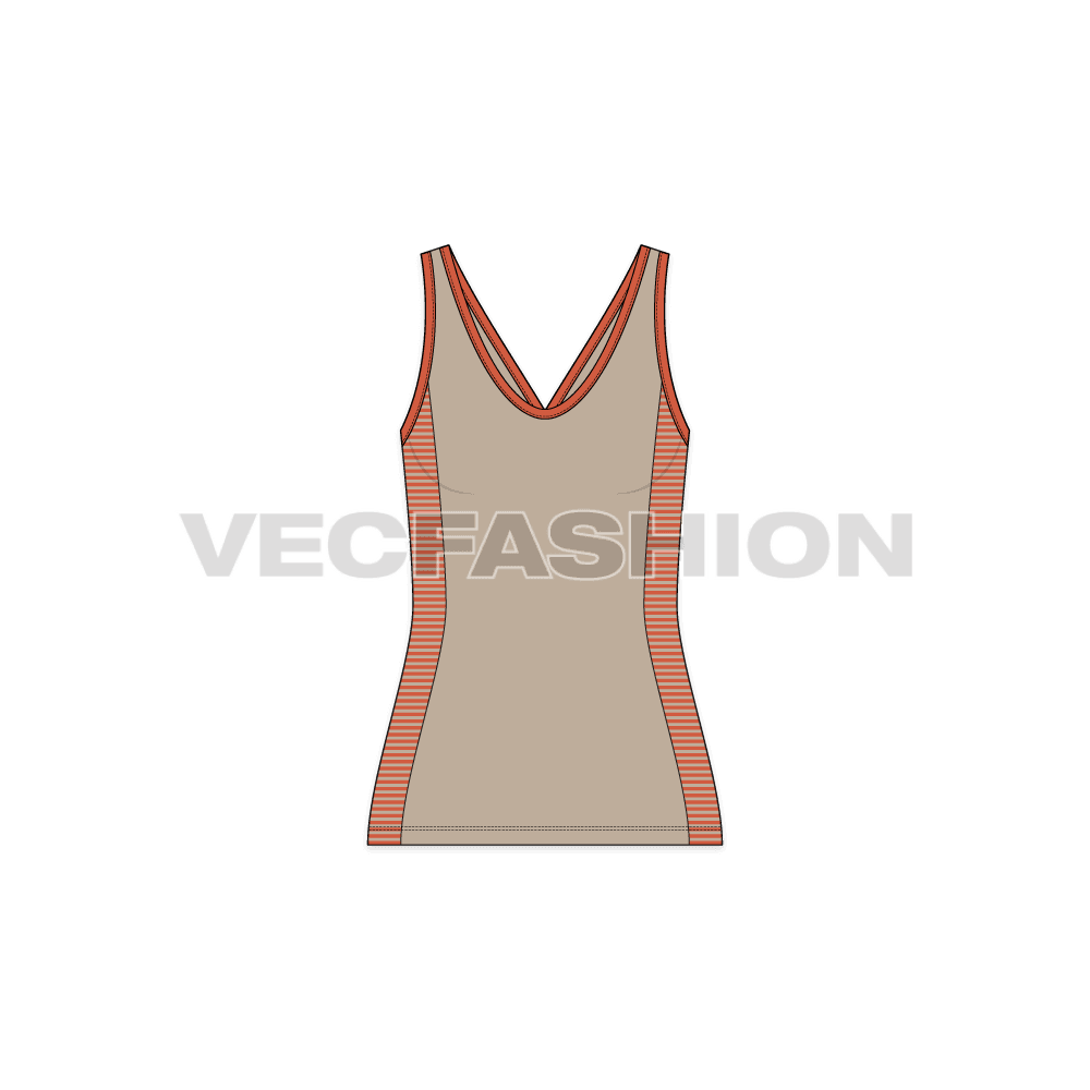 A vector template of Women's Racerback Style Tank Top. It is a sport style tank top with striped panel on sides and there are stylized shoulder straps.