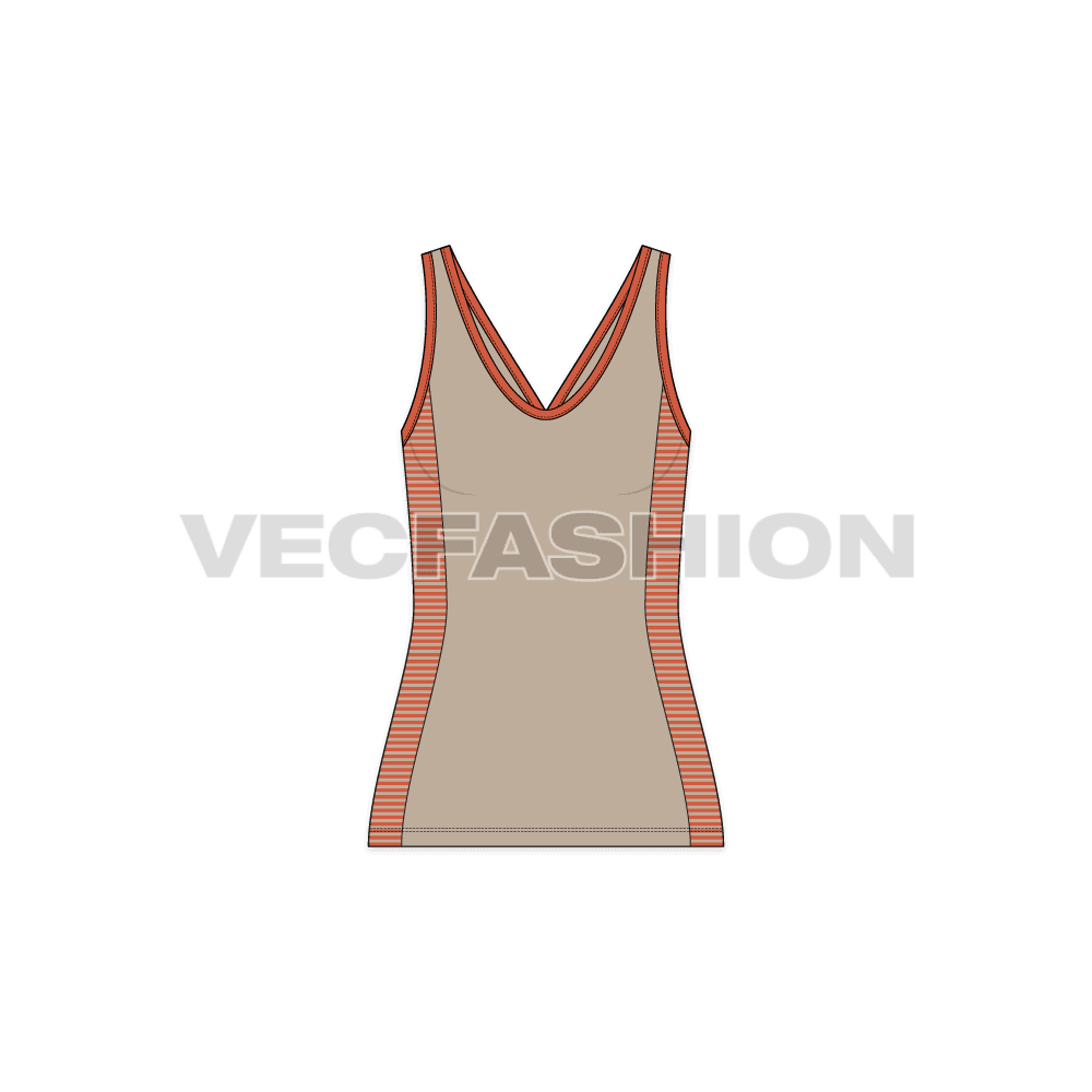 A vector template of Women's Racerback Style Tank Top. It is a sport style tank top with striped panel on sides and there are stylized shoulder straps. 