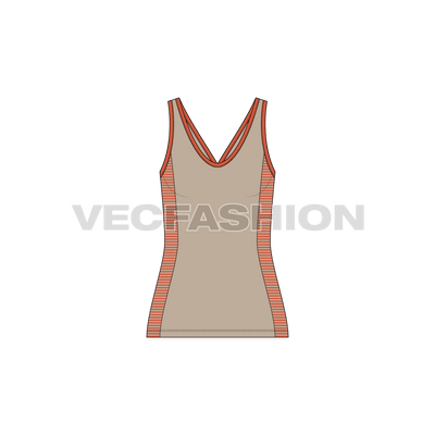 A vector template of Women's Racerback Style Tank Top. It is a sport style tank top with striped panel on sides and there are stylized shoulder straps.