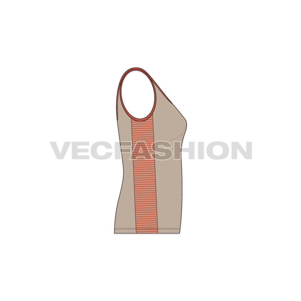 A vector template of Women's Racerback Style Tank Top. It is a sport style tank top with striped panel on sides and there are stylized shoulder straps.