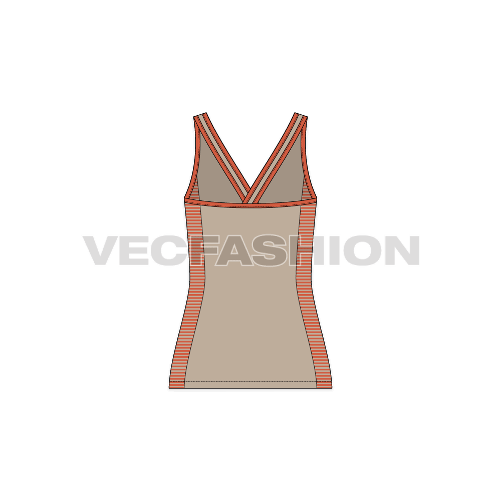 A vector template of Women's Racerback Style Tank Top. It is a sport style tank top with striped panel on sides and there are stylized shoulder straps.