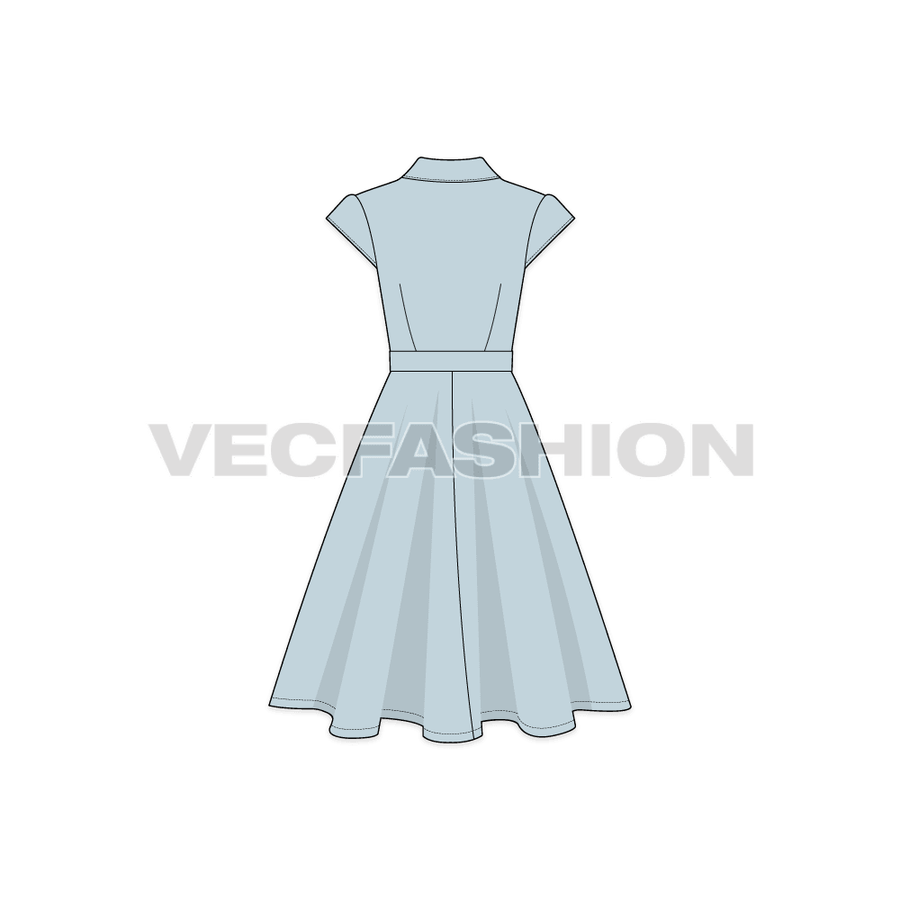 A vector template for Women's Retro Rockabilly Dress. It has a V-neck with lace around the collar. It has a bow belt around the waist and a flared out skirt.
