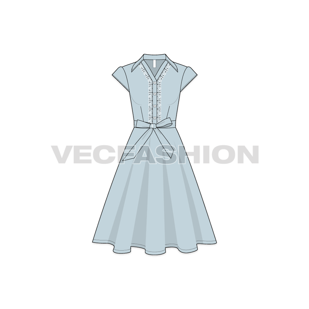 A vector template for Women's Retro Rockabilly Dress. It has a V-neck with lace around the collar. It has a bow belt around the waist and a flared out skirt.