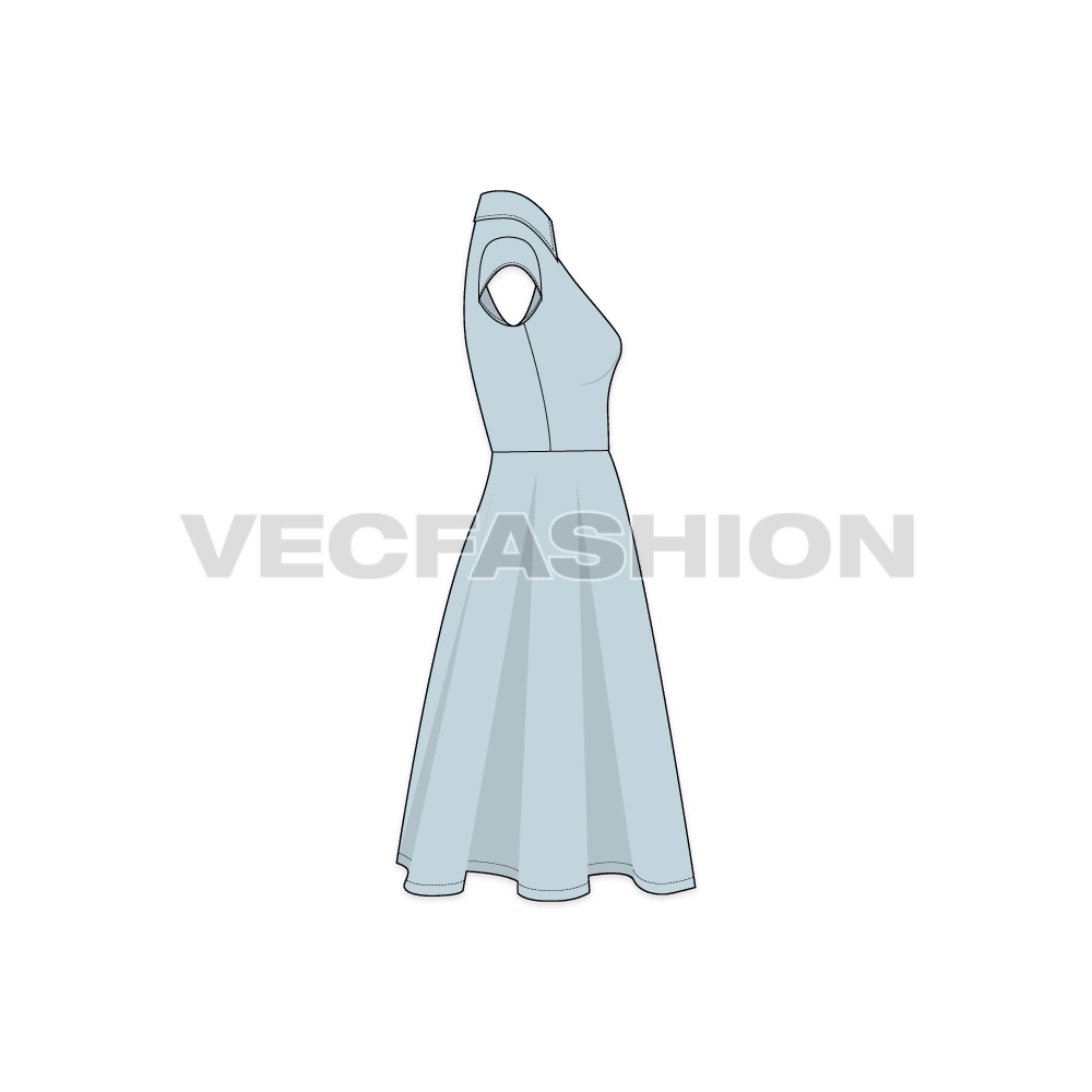 A vector template for Women's Retro Rockabilly Dress. It has a V-neck with lace around the collar. It has a bow belt around the waist and a flared out skirt.