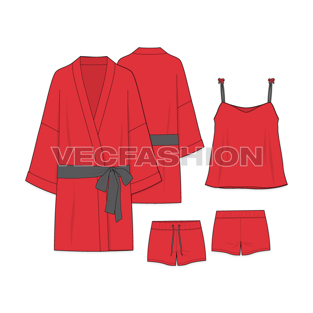 Our latest Fashion Set for Women Romantic Loungewear in Red Color. it is consist of three vector templates which goes together as a theme. It has little detailing like a contrast colored belt on Robe, Bow on straps and contrast colored drawstrings. 