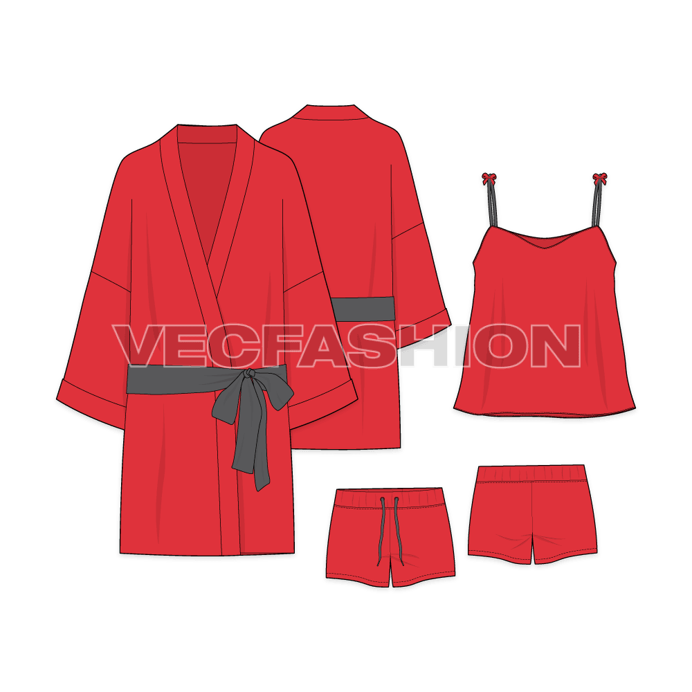 Our latest Fashion Set for Women Romantic Loungewear in Red Color. it is consist of three vector templates which goes together as a theme. It has little detailing like a contrast colored belt on Robe, Bow on straps and contrast colored drawstrings.