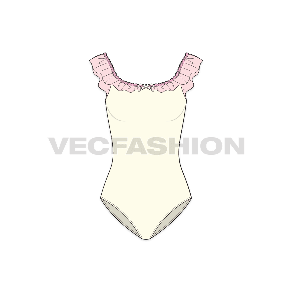 A vector template for Women's Ruffled Beach Swimsuit. It has ruffles at the neck top edge and made with lycra material.