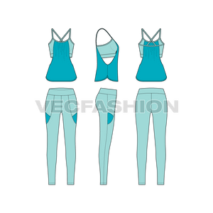 A vector fashion sketch template of Women's Running Set. It is a complete set with Sport Tank and compression leggings. The design is inspired by modern styles and gives a great comfort while working out. 
