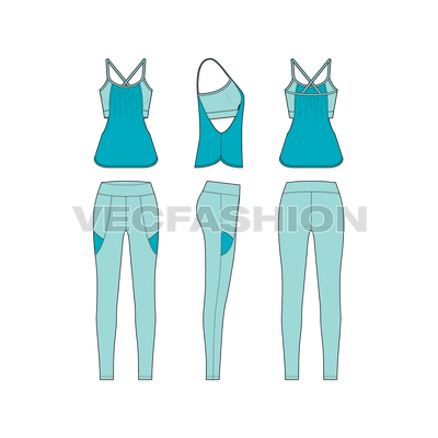A vector fashion sketch template of Women's Running Set. It is a complete set with Sport Tank and compression leggings. The design is inspired by modern styles and gives a great comfort while working out.