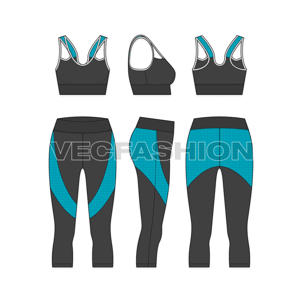 An activewear clothing vector fashion set is composed of Women's Running Set. It has a Sports bra and Flex Tights. It is designed with unique graphics and cut and sew panels in self and mesh fabrics.