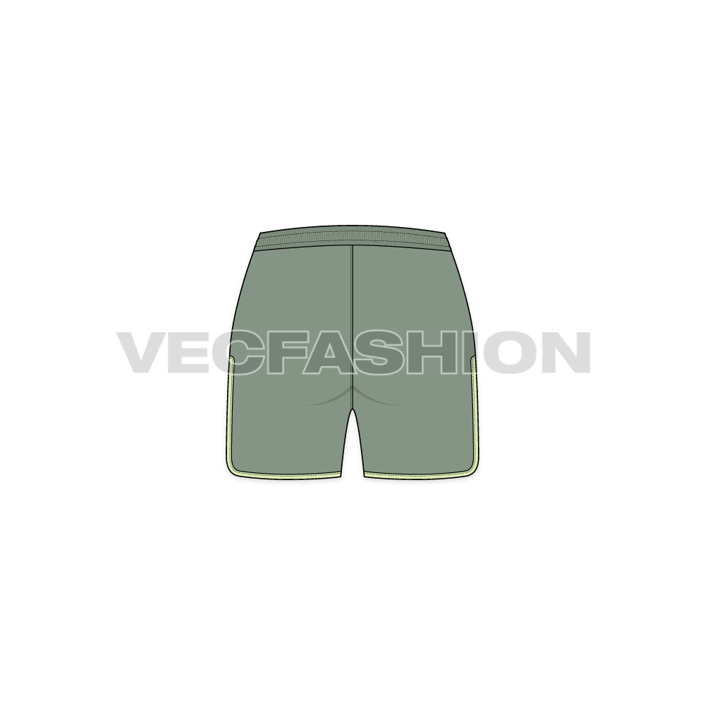 A vector fashion sketch template of Women's Running Shorts. It has an elasticated waistband with contrast colored trims. Download it and edit the colors how you want it to be. There is contrast colored edging on the leg opening goes till the pocket opening on sides. 