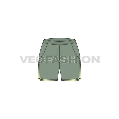 A vector fashion sketch template of Women's Running Shorts. It has an elasticated waistband with contrast colored trims. Download it and edit the colors how you want it to be. There is contrast colored edging on the leg opening goes till the pocket opening on sides.