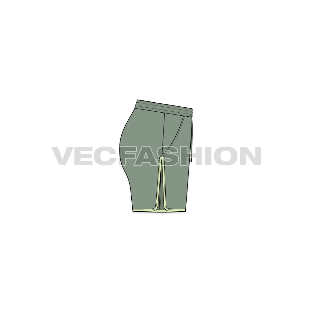 A vector fashion sketch template of Women's Running Shorts. It has an elasticated waistband with contrast colored trims. Download it and edit the colors how you want it to be. There is contrast colored edging on the leg opening goes till the pocket opening on sides.