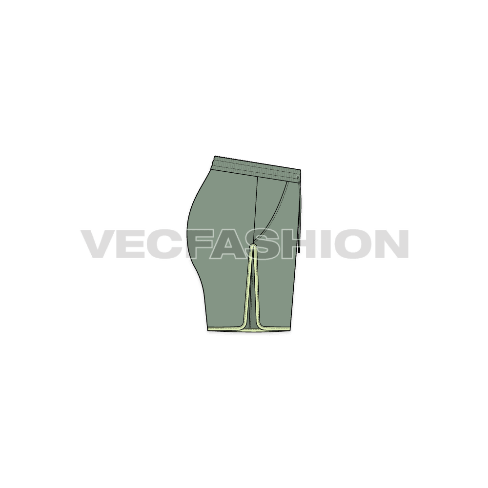 A vector fashion sketch template of Women's Running Shorts. It has an elasticated waistband with contrast colored trims. Download it and edit the colors how you want it to be. There is contrast colored edging on the leg opening goes till the pocket opening on sides. 