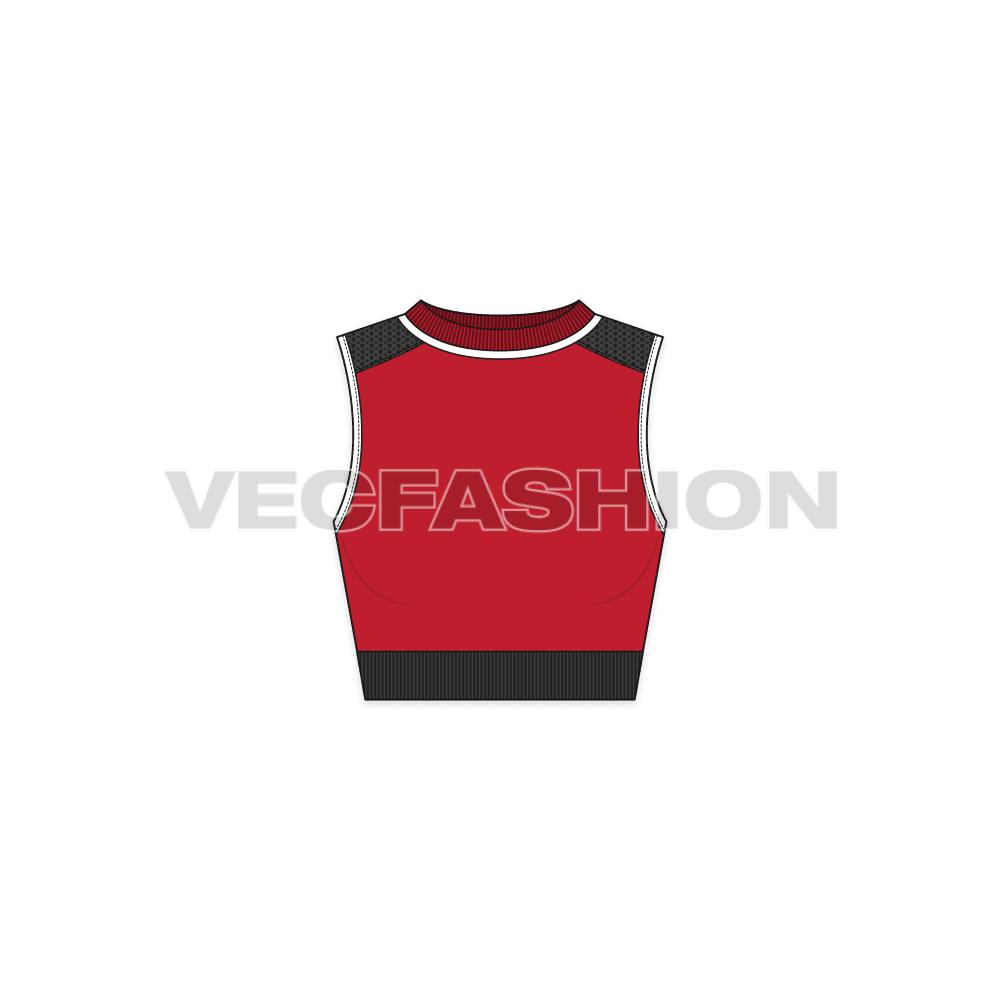 A vector apparel template for Women's Running Sport Top. it has wide rib at the hem and neckline. A mesh panel at shoulder, a contrast colored edging on the armhole and knitted pattern on the hem rib.