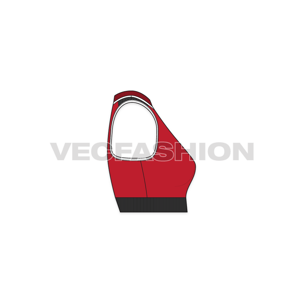 A vector apparel template for Women's Running Sport Top. it has wide rib at the hem and neckline. A mesh panel at shoulder, a contrast colored edging on the armhole and knitted pattern on the hem rib.