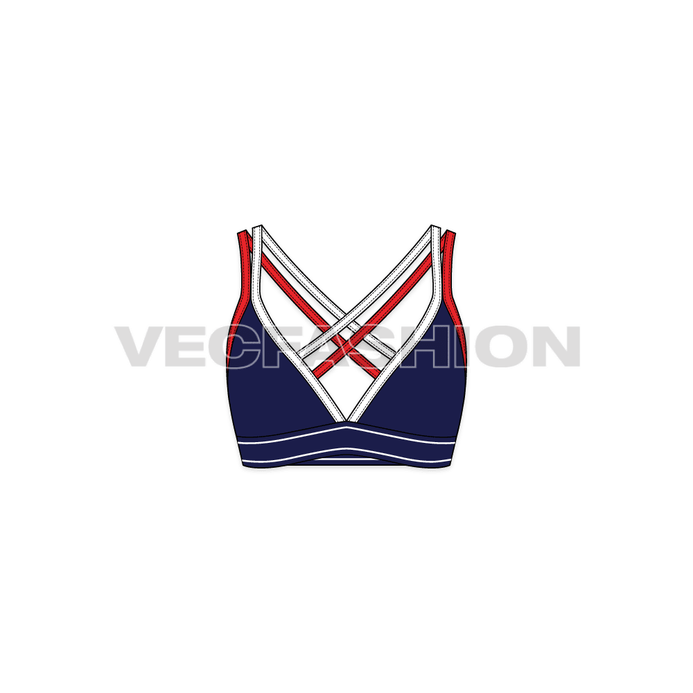 A new vector apparel template of Womens Running Sports Bra. It has navy blue soft shell cups with dual contrast colored straps with branded band under the busts.