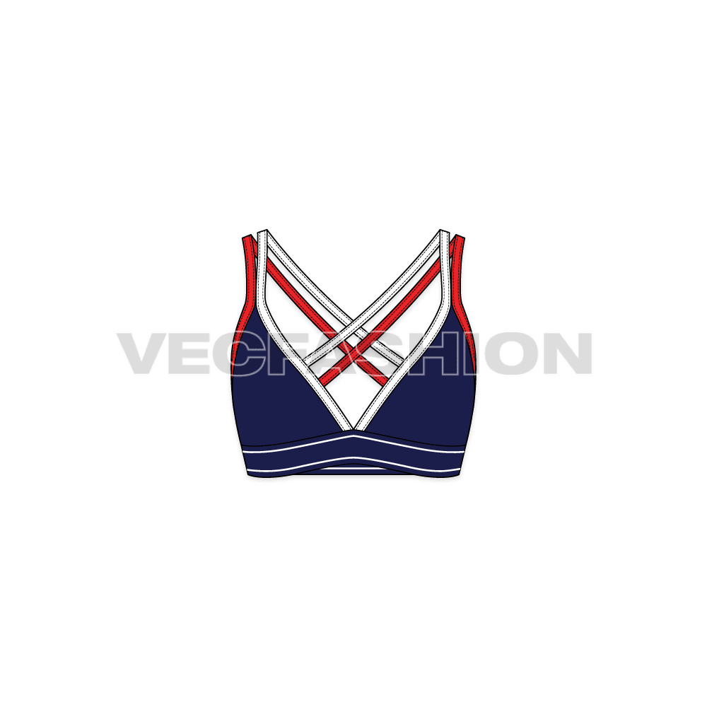 A new vector apparel template of Womens Running Sports Bra. It has navy blue soft shell cups with dual contrast colored straps with branded band under the busts. 