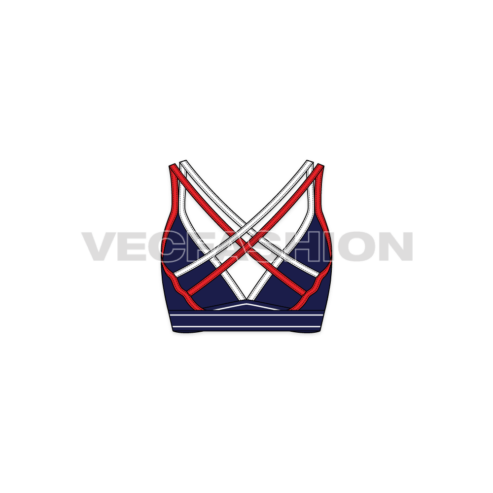 A new vector apparel template of Womens Running Sports Bra. It has navy blue soft shell cups with dual contrast colored straps with branded band under the busts.
