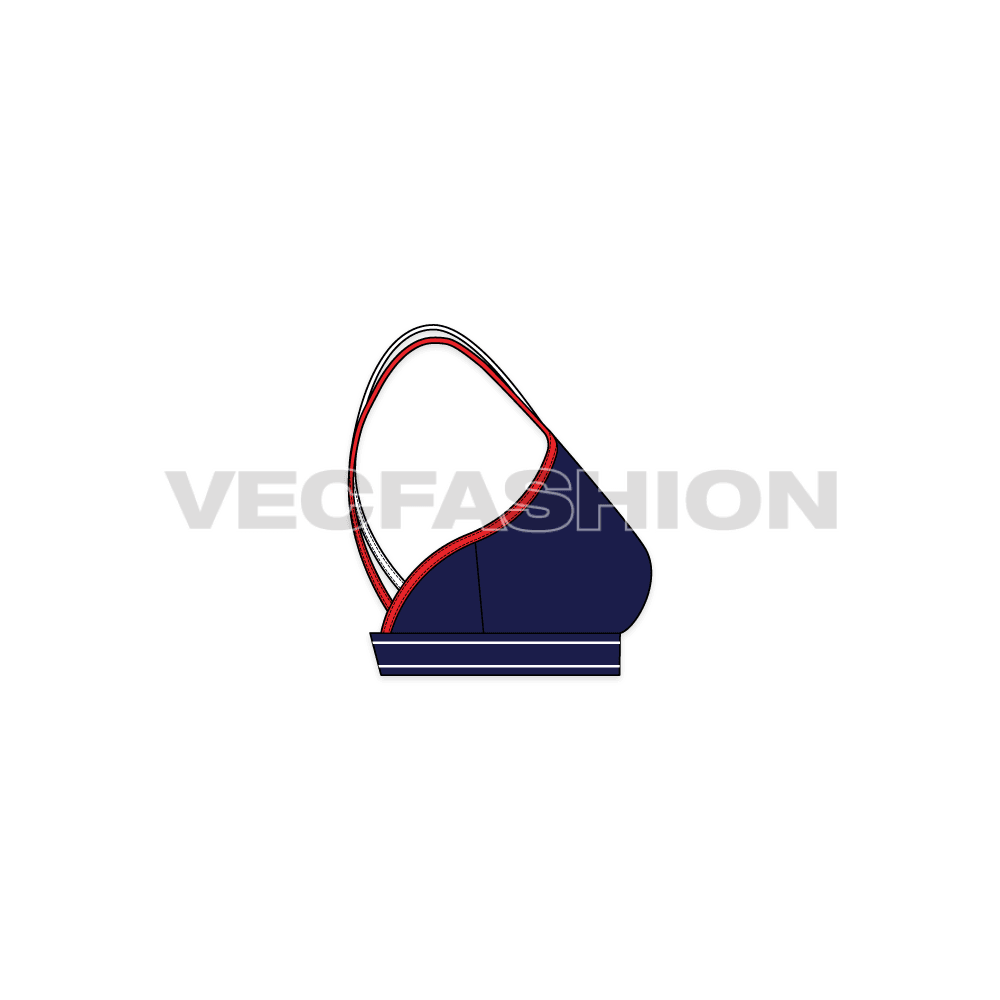A new vector apparel template of Womens Running Sports Bra. It has navy blue soft shell cups with dual contrast colored straps with branded band under the busts.
