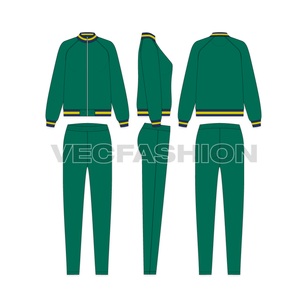 An editable vector template for Women's Running Tracksuit. It has a red jacket with two striped neck, cuff and bottom hem rib with fitted joggers.