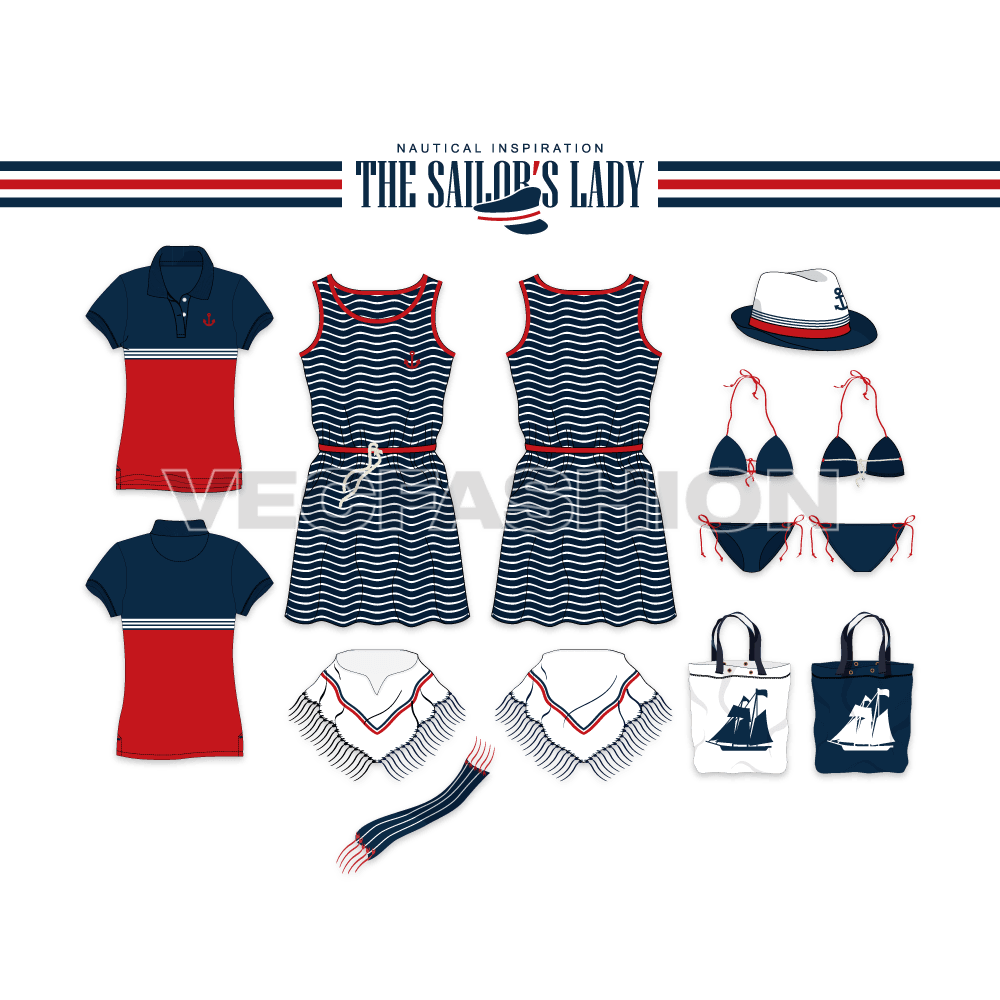 This Vector Fashion Set ‘The Sailor’s Lady’ inspired from Nautical Theme. A set that is consist of items that are essential while Sailing the Ocean. This Fashion Set is a Mini Collection Concept, we can get you a complete collection on similar theme through our Custom Design Services!