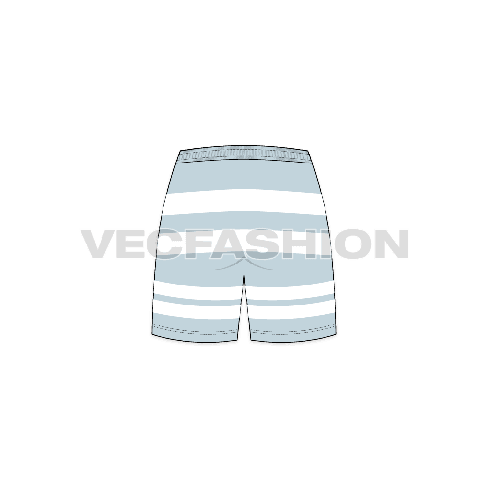 A vector fashion sketch for Women's Sailing Shorts. It has a striped fabric with side pockets and elasticated waistband. The length comes till knee level.