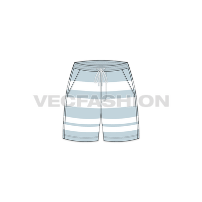 A vector fashion sketch for Women's Sailing Shorts. It has a striped fabric with side pockets and elasticated waistband. The length comes till knee level.