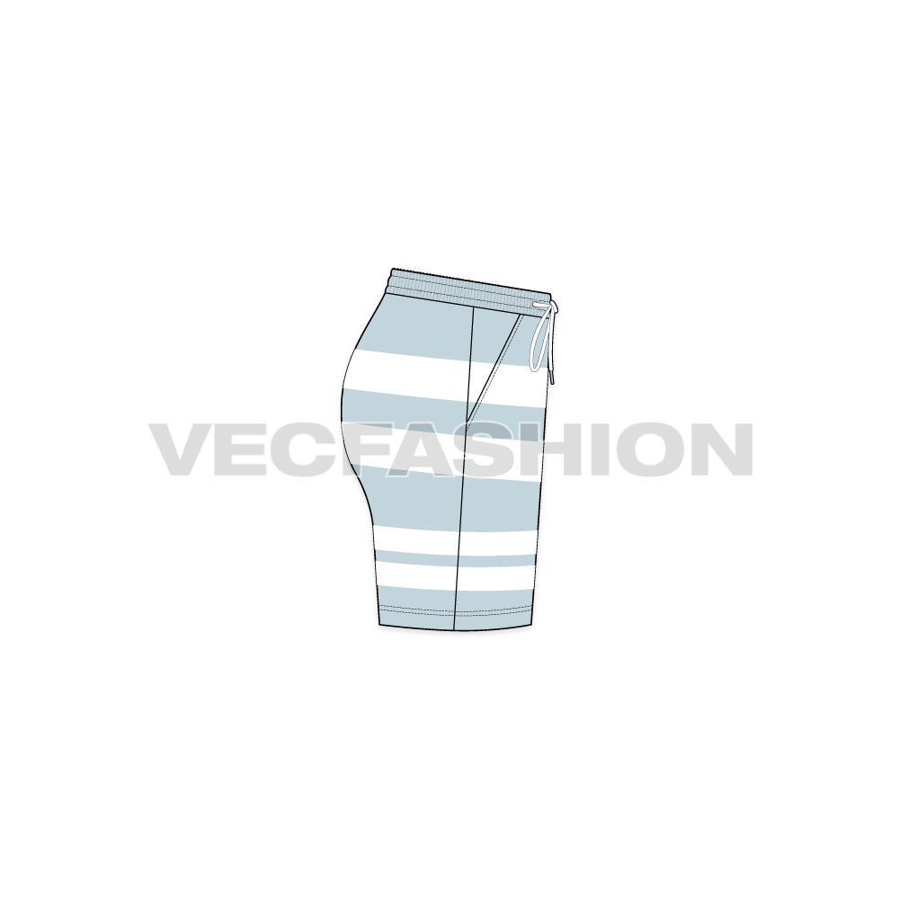 A vector fashion sketch for Women's Sailing Shorts. It has a striped fabric with side pockets and elasticated waistband. The length comes till knee level.