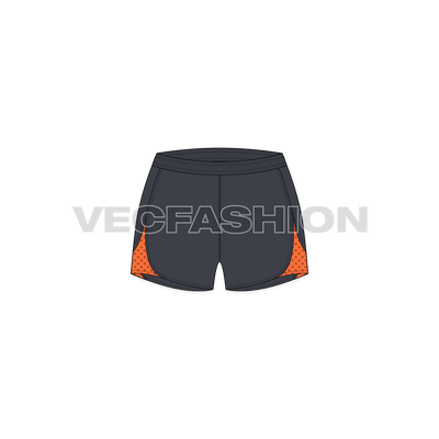 A vector template for Women's Shell Sport Shorts. It is in dark gray color and having micro mesh panels on sides and at back.