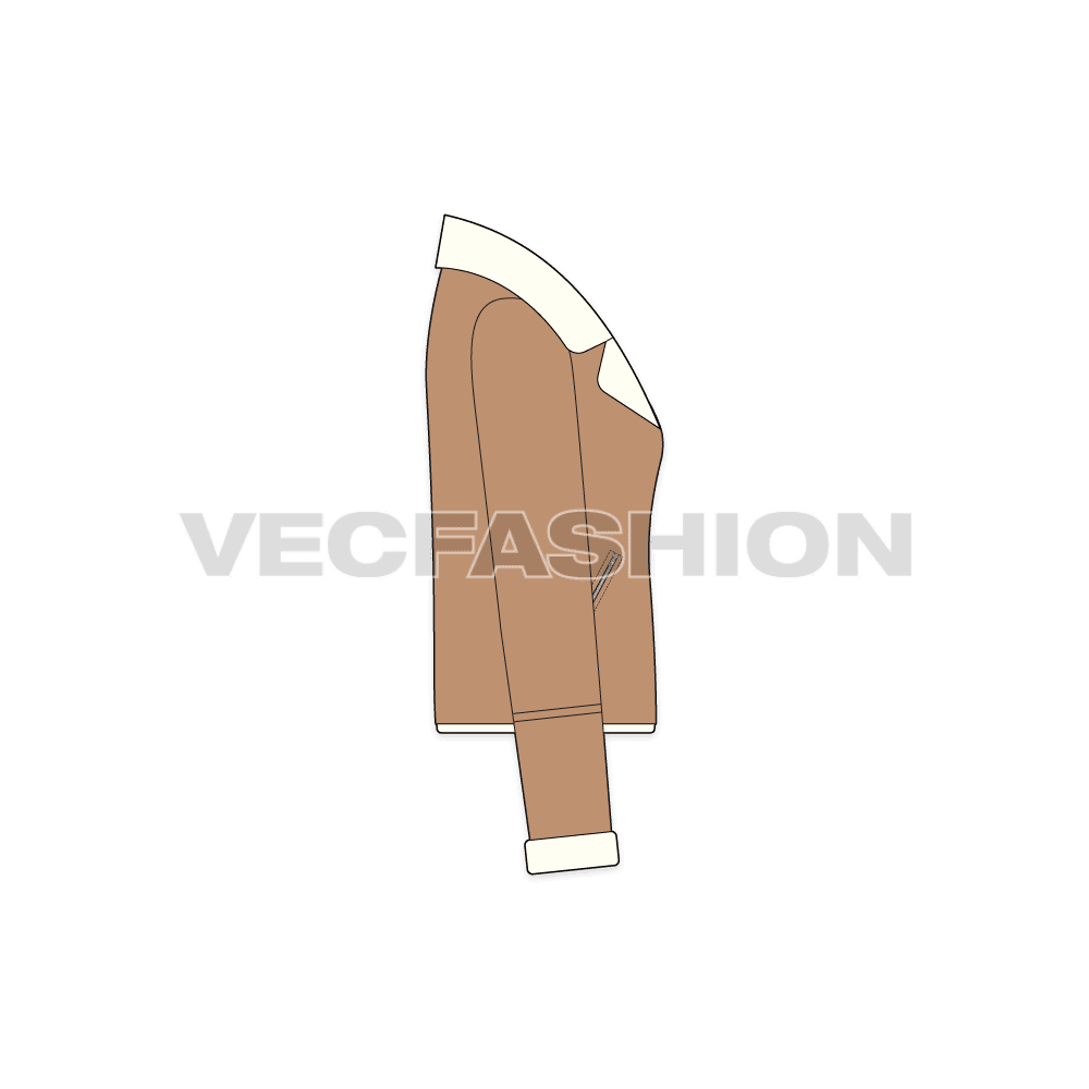 A vector illustrator template for Women's Sherpa Fleece Leather Jacket. It has sherpa fleece collar and lining and on cuffs as well.