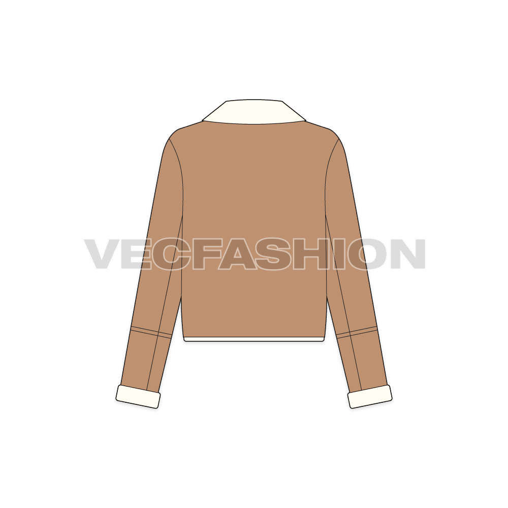A vector illustrator template for Women's Sherpa Fleece Leather Jacket. It has sherpa fleece collar and lining and on cuffs as well.