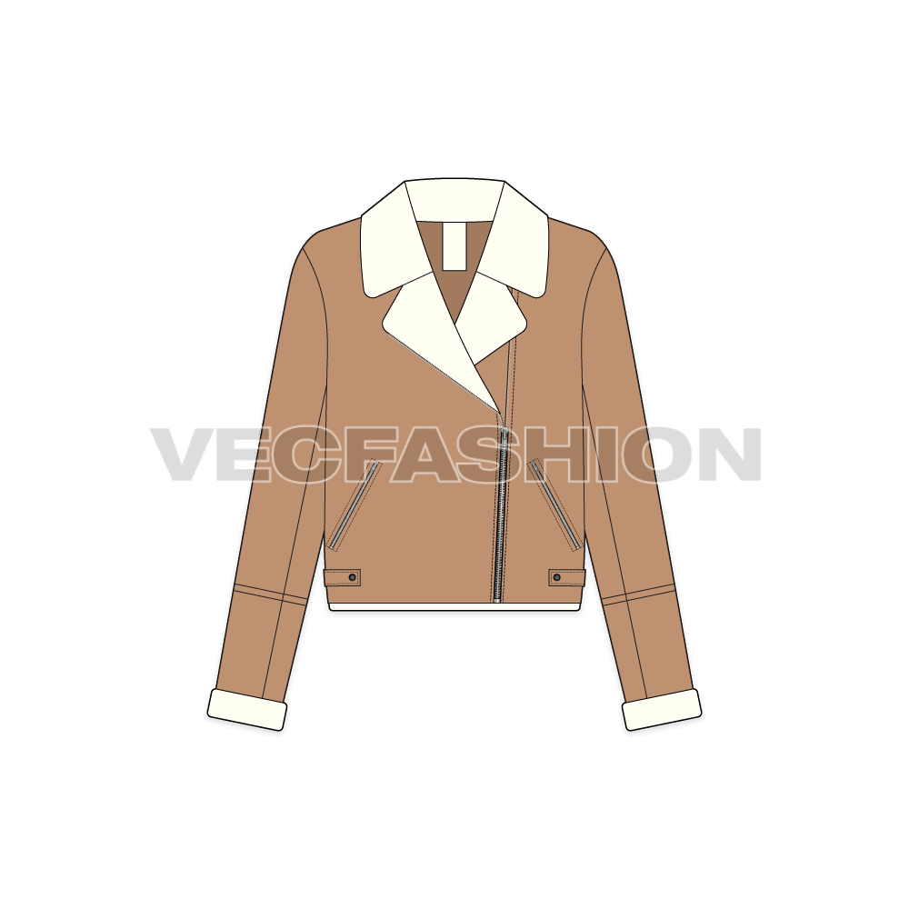 A vector illustrator template for Women's Sherpa Fleece Leather Jacket. It has sherpa fleece collar and lining and on cuffs as well.