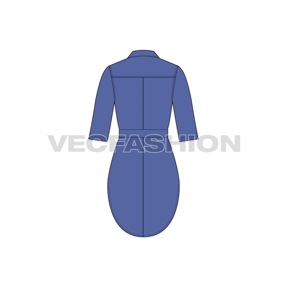 A vector fashion template for Women's Shirt Dress with Belt. It has two pockets on chest, a functional belt on waist with three quarter sleeves.