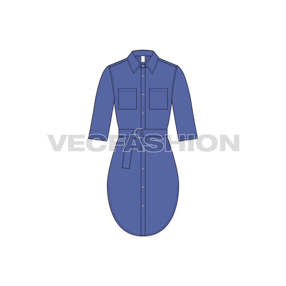 A vector fashion template for Women's Shirt Dress with Belt. It has two pockets on chest, a functional belt on waist with three quarter sleeves.