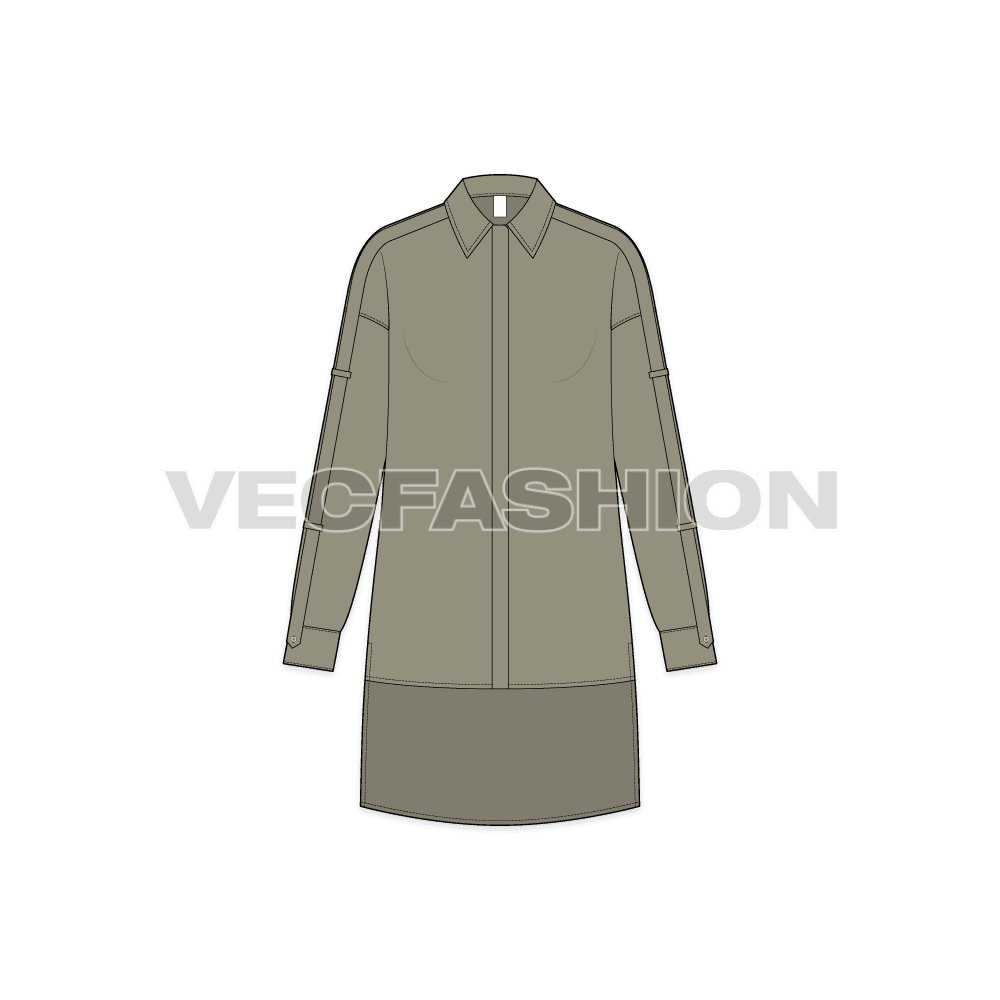 A vector illustrator template for Women's Shirt with Extended Back. It is a slightly A-line cut shirt, with an extended long back. The sleeves have cut panels with Kimono Sleeve detailing.
