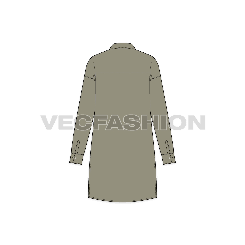 A vector illustrator template for Women's Shirt with Extended Back. It is a slightly A-line cut shirt, with an extended long back. The sleeves have cut panels with Kimono Sleeve detailing.