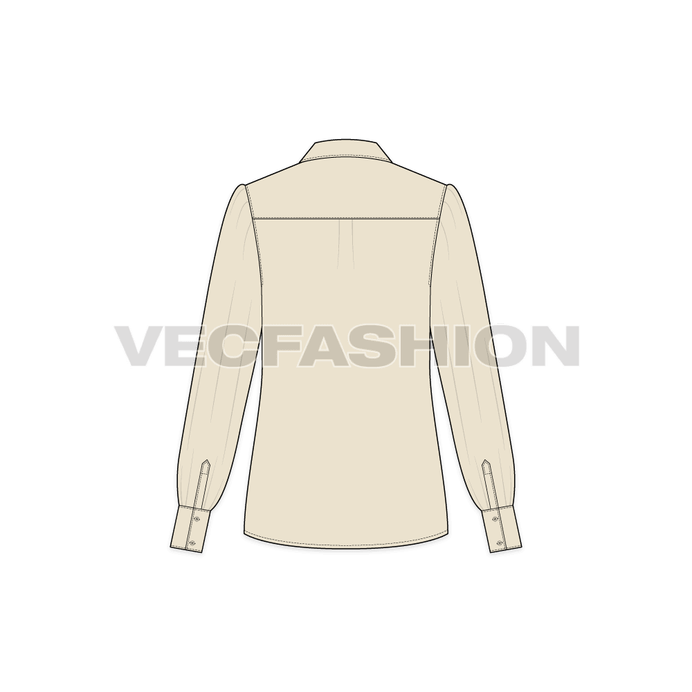 A vector fashion template for Women's Shirt with Gathered Sleeves. It has a standard shirt collar with gathers on sleeve head and cuff side. The cuffs are slightly longer than usual and it is a front open shirt vector sketch.
