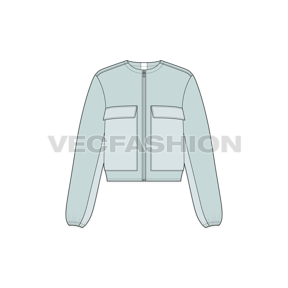 A vector illustrator template for Women's Short Body Jacket. It is in a light blue vintage color with big pockets on chest and a simple collar neck.